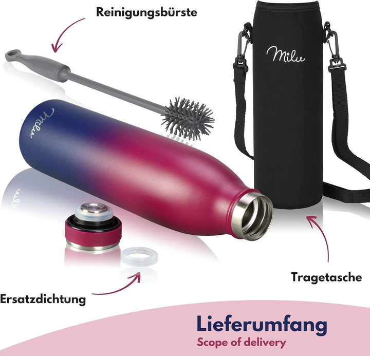 Milu Edelstahl Trinkflasche 350ml, 500ml, 750ml, 1L, 1,5L – Thermosflasche für Kinder Erwachsene aus