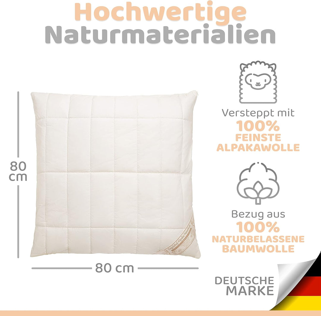 Engelshof Alpaka Kopfkissen 80x80cm mit Alpakavlies gefüllt - Alpakakissen versteppt mit 100% feinst