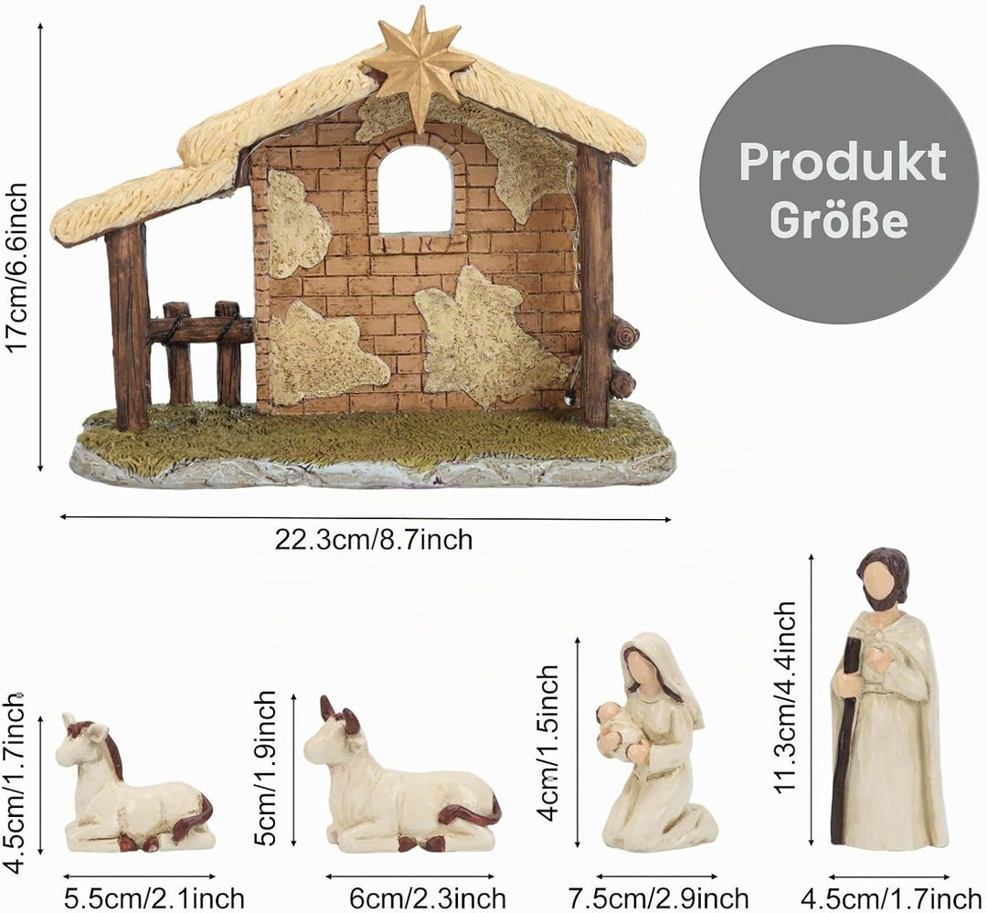 Topsky Krippenfiguren Set – Weihnachtskrippe mit Beleuchtung, 5pcs Krippenset Handbemalt – Weihnacht