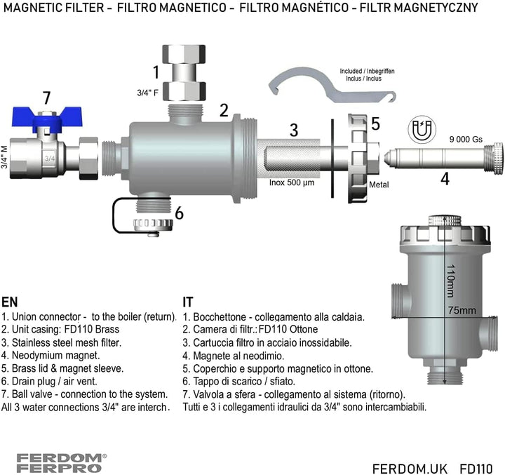 FERDOM FD110 Kompakt Magnetische Filter für Zentralheizung. Mit Nicht Magnetischem Schlammabscheider