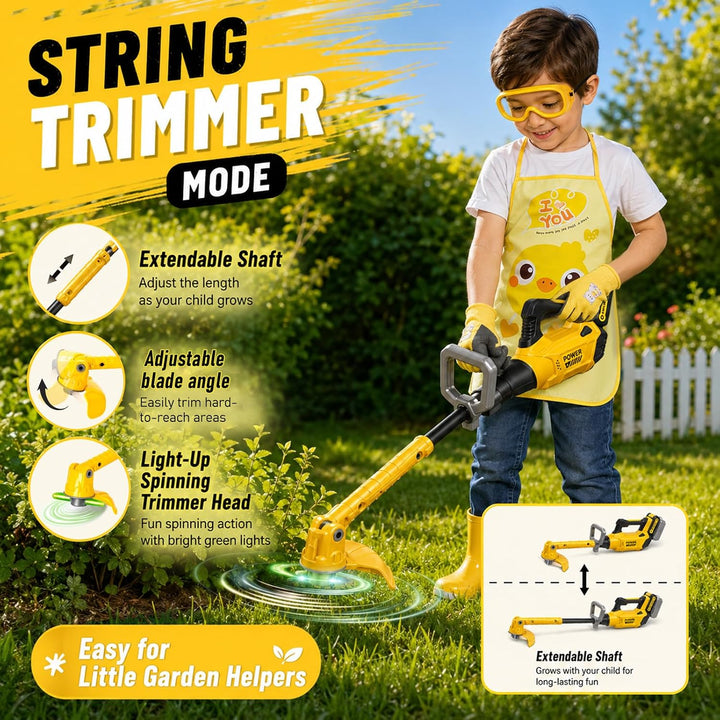 2 in 1 Kinder Rasenmäher mit Geräusch und Licht, Gartenspielzeug | mit Laubbläser, Schürze, Handschu