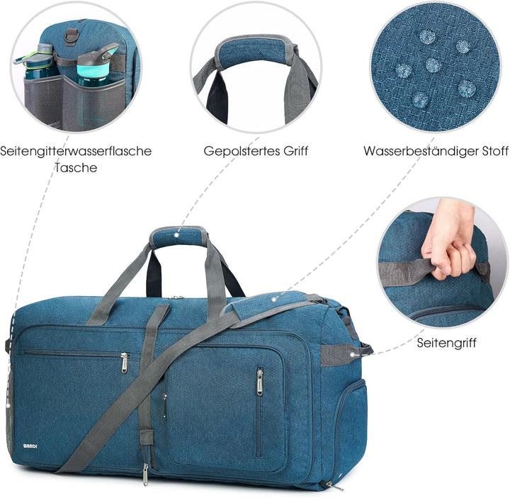 WANDF Reisetasche 65L mit Schuhfach Faltbare Weekender-Reisetasche Handgepäck für Männer Frauen (Bla