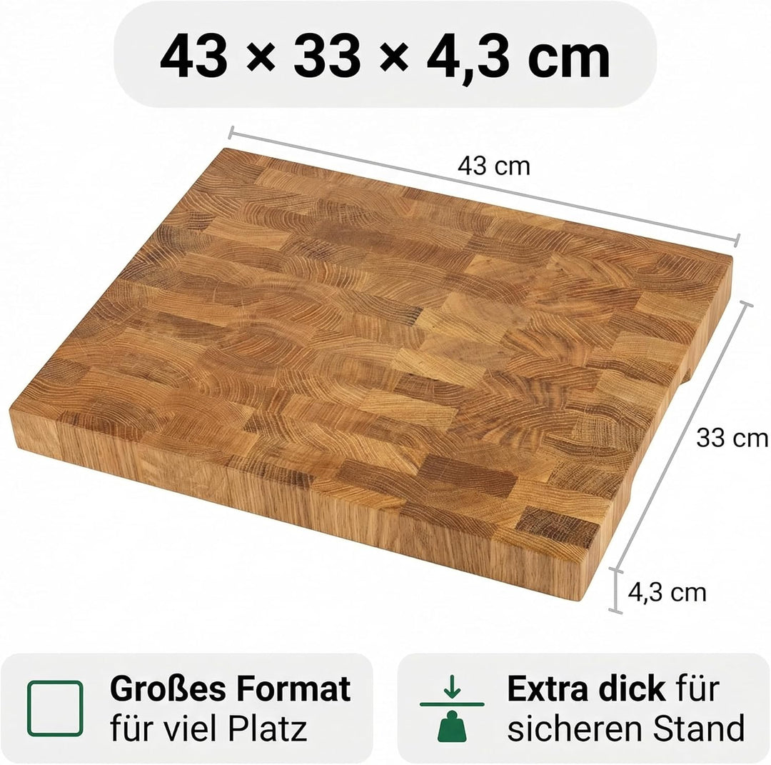 B4K® Küchenbrett aus Eiche Stirnholz | Antibakterielles Hirnholzbrett mit Griffen, Silikonfüssen und