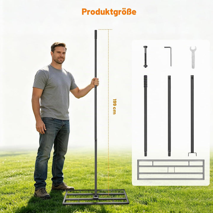 Rasen Nivellierrechen 81x25cm mit Gezahnte Seite und 199 cm Langer Griff, 2-In-1 Rasen-Nivelliergera