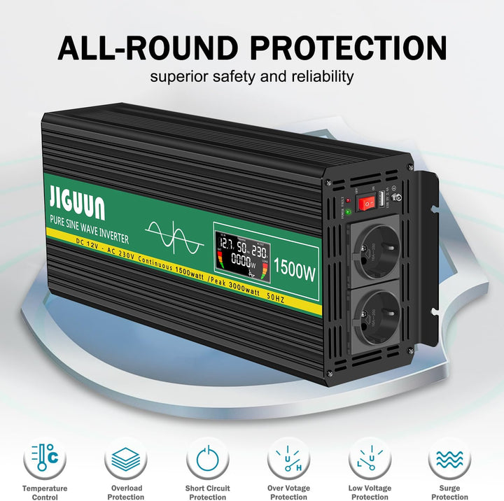 JIGUUN 1500W Wechselrichter Reiner Sinus Spannungswandler 12V 230V Inverter mit 2 EU Steckdosen& 2.1