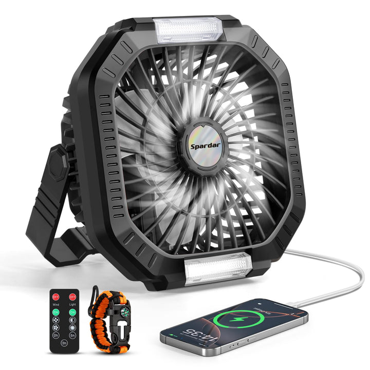 Camping Ventilator, 10000 mAh Ventilator USB-Tischventilator mit Licht, Haken und Paracord-Armband,