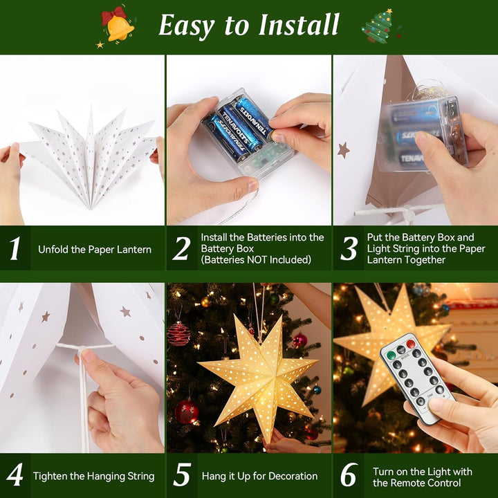 Lewondr Weihnachts Papierstern Laterne 3PCS, Hängende 7-Zackige Sternenlichter mit Ausgeschnittenen