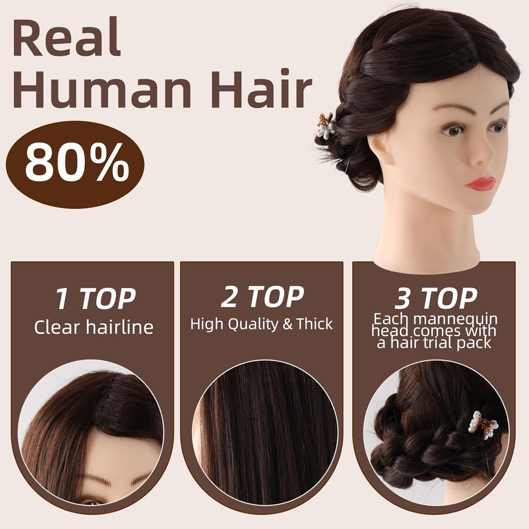 Frisierkopf 80% Echthaar Übungskopf 24 Zoll Frisieren Trainingsköpfe für Friseure Ausbildung Kopf Mi