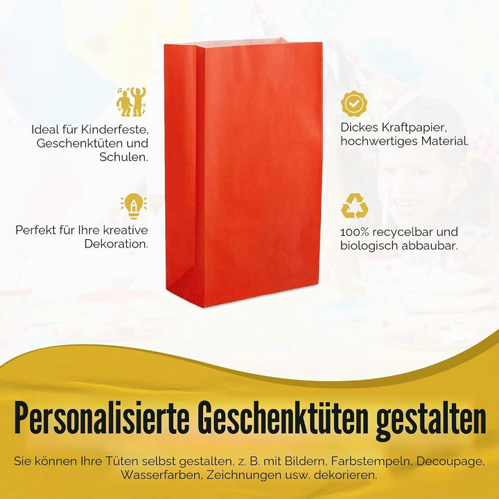 Thepaperbagstore 50 Rote Partytüten aus Papier – 14x24.5x7cm - Bunte Geschenktüten aus Papier für Ki