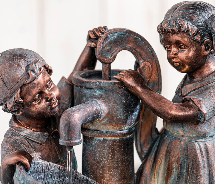 Dehner Gartenbrunnen Lea und Leon mit LED Beleuchtung, ca. 68.5 x 45 x 35 cm, Polyresin, grün/blau/b
