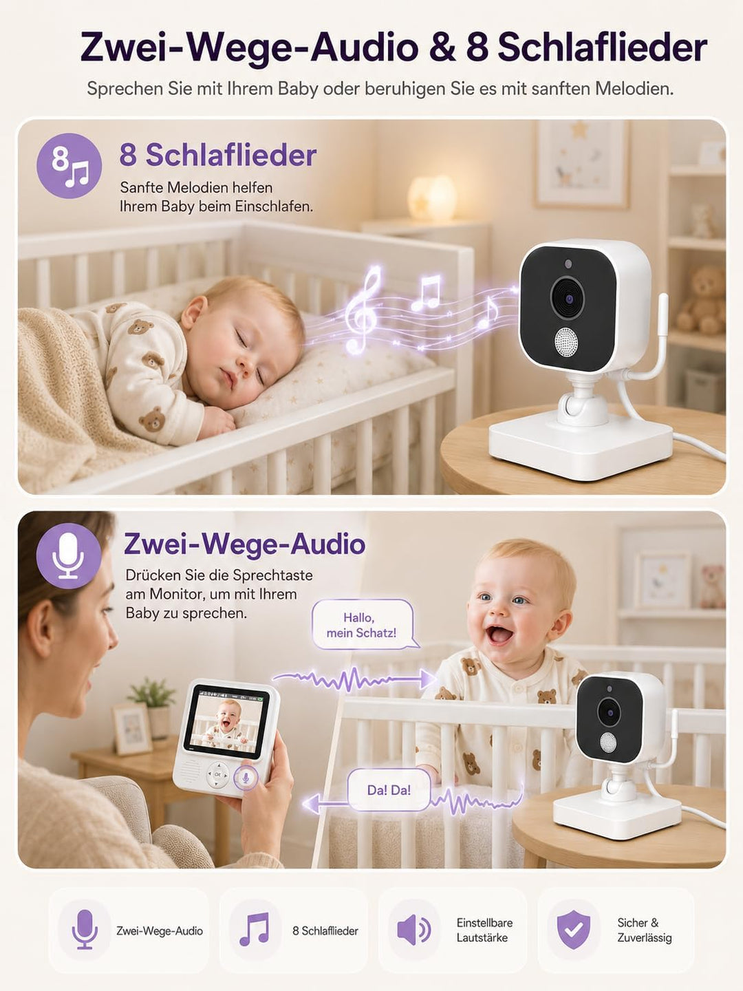 BURNNOVE Babyphone mit Kamera ohne WLAN, 2,8 Zoll IPS 720P, 96H VOX | Split Screen, Bewegungserkennu