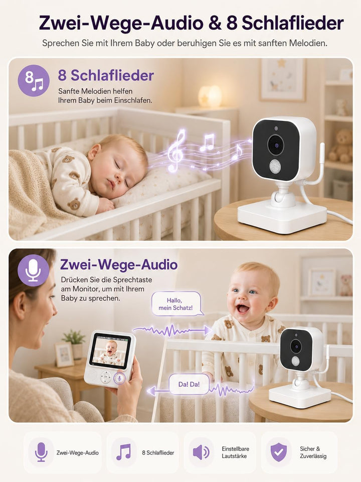 BURNNOVE Babyphone mit Kamera ohne WLAN, 2,8 Zoll IPS 720P, 96H VOX | Split Screen, Bewegungserkennu