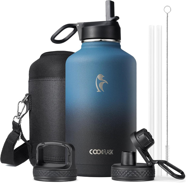 Coolflask Isolierte Wasserflasche 2L, Wasserflasche mit Strohhalm & 3 Deckeln, Isolierte Trinkflasch