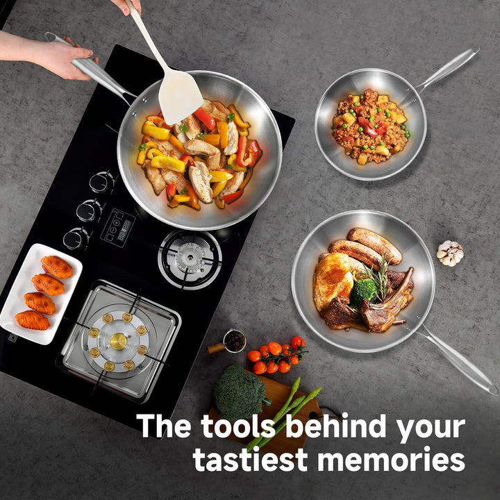 Inqibee Wokpfanne Edelstahl 28 cm mit Deckel, Unbeschichtete Wok Pfanne für Induktion &amp; Gasherd, Ede
