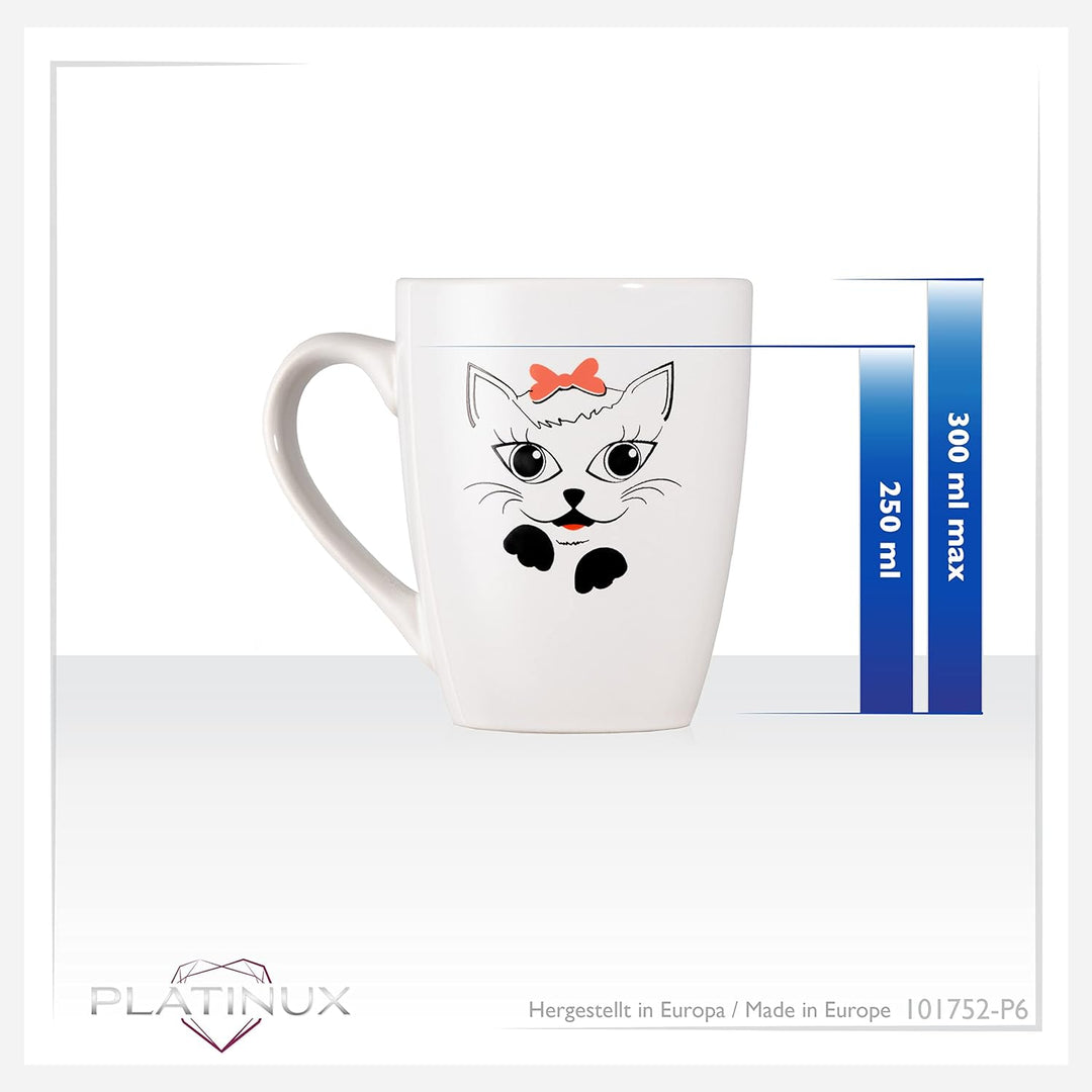 PLATINUX Kaffeetassen mit Griff Set 6 Teilig mit Katzen Motiv 250ml Teetasse Tasse Kaffeebecher Teeb