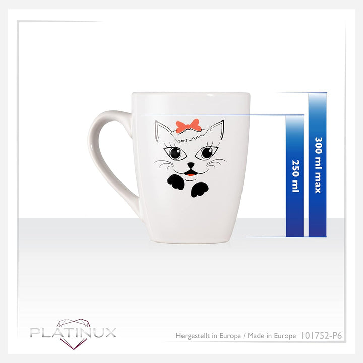 PLATINUX Kaffeetassen mit Griff Set 6 Teilig mit Katzen Motiv 250ml Teetasse Tasse Kaffeebecher Teeb