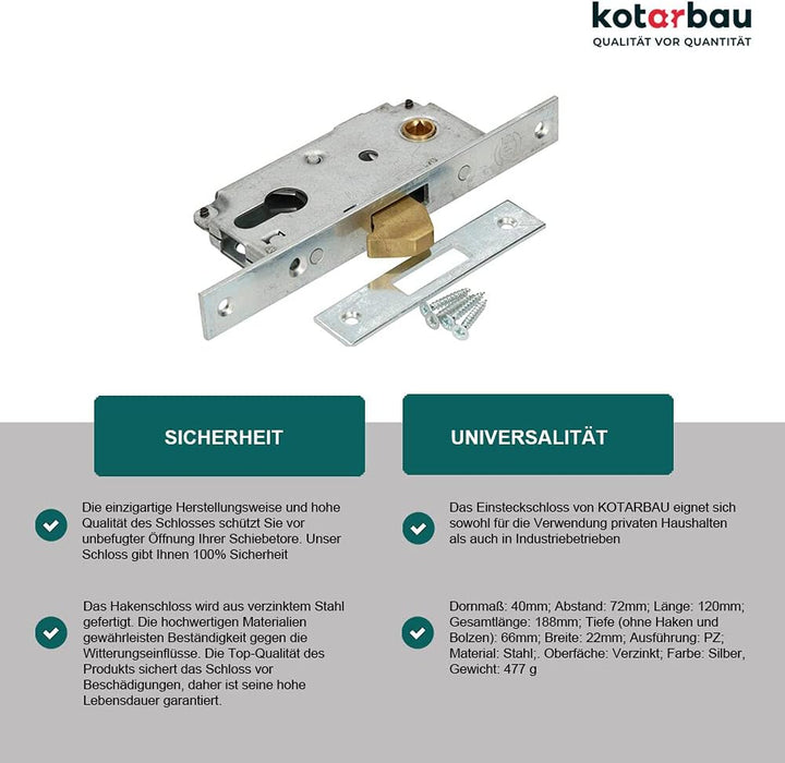 KOTARBAU® Hakenschloss Schiebetore Einsteckschloss 72/40 Schiebetürschloss Hakenfallenschloss Verzin