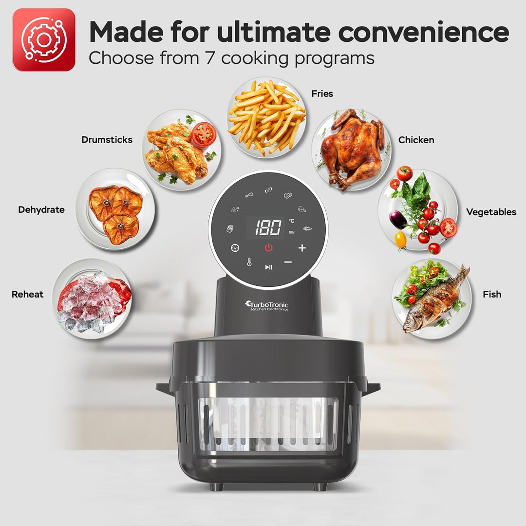 TurboTronic Heissluftfritteuse 6 L - AFG6-1600 W Glas Airfryer – Digitale Heissluft Fritteuse 50–180