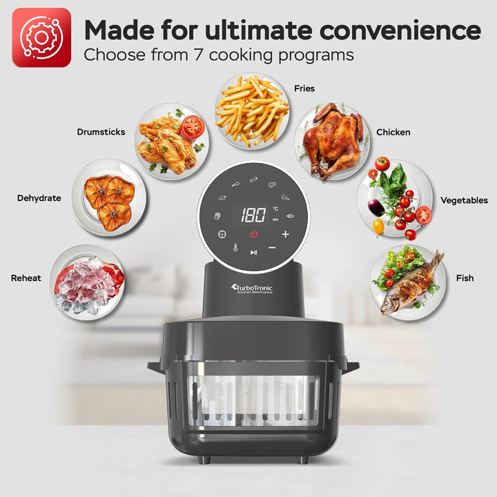 TurboTronic Heissluftfritteuse 6 L - AFG6-1600 W Glas Airfryer – Digitale Heissluft Fritteuse 50–180