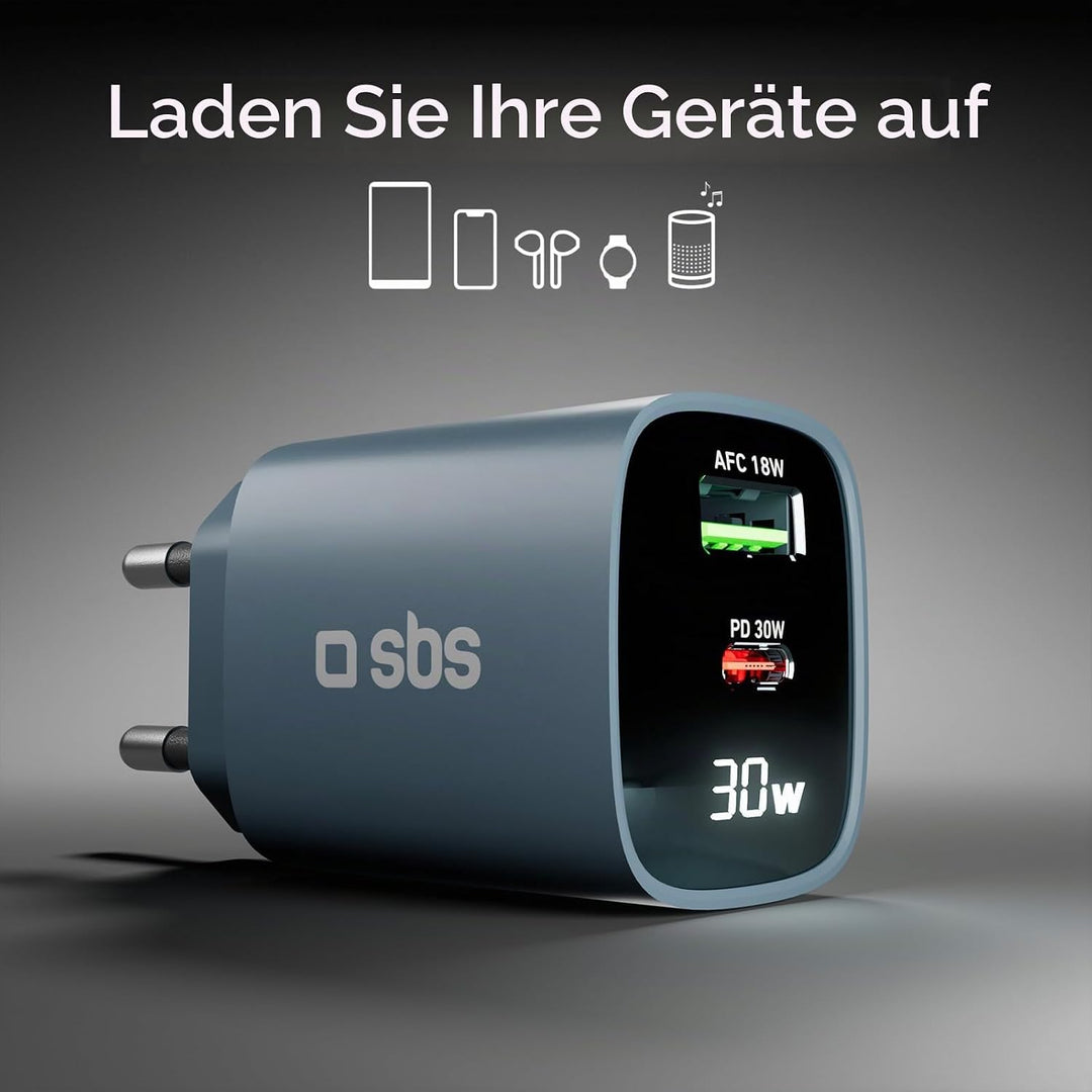 SBS Mehrport-Ladegerät 30W mit LCD, 1 USB-C-Anschluss und 1 USB-A-Anschluss, EU-Stecker, Power Deliv