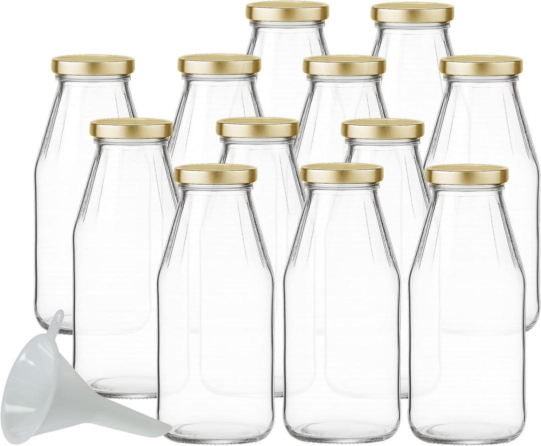 mikken 12 x Glasflasche 500 ml, Flasche mit Schraubverschluss gold inkl. Trichter