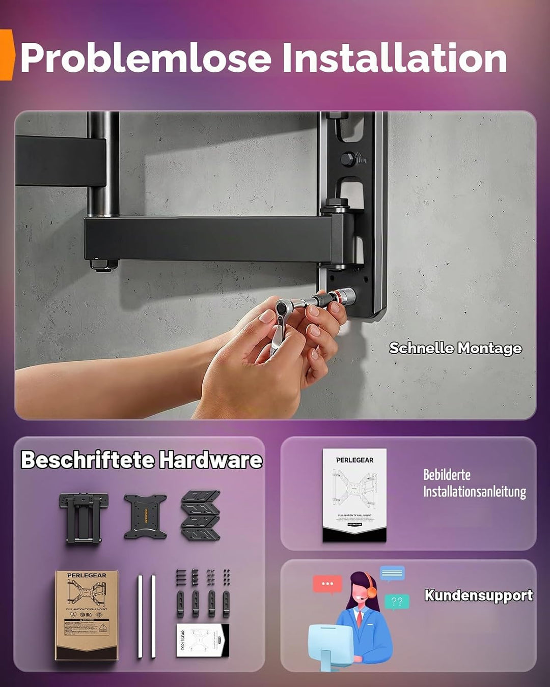Perlegear Voll-bewegliche TV Wandhalterung mit LED-Lichtern für 25″-65″ TV 45kg, TV Halterung mit Ne