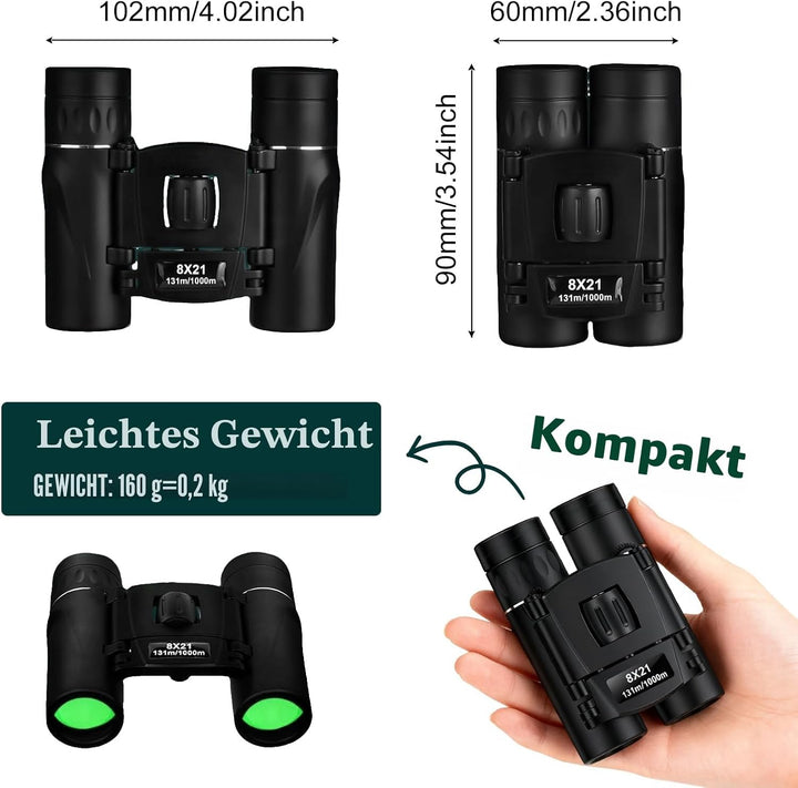 Kompaktes Fernglas, ultra-tragbar, faltbar, BAK-4-Prisma, grünes FMC-Objektiv, 8 x 21, Fernglas für