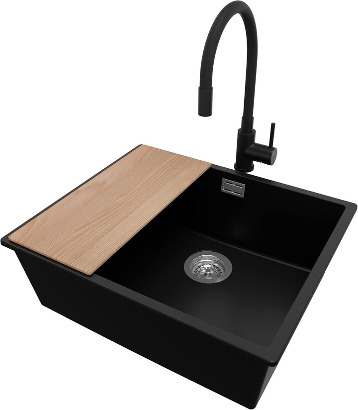 PRIMAGRAN Granitspüle Schwarz 56x47cm, Spülbecken 1 Becken + Ablauf-Set + Küchenarmatur 40x13cm + Sc