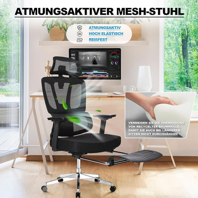 MELOKEA Ergonomischer Bürostuhl mit Fussstütze, 3D-Armlehnen, Hoher Rückenlehne, Automatischer Kippw