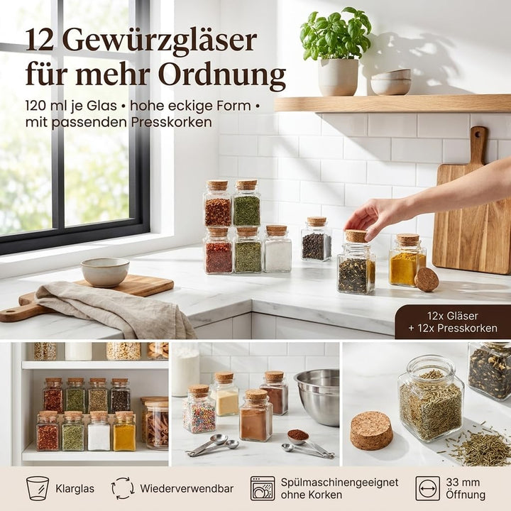 gouveo 12er Set Gewürzgläser 120 ml (0,12 l) Gewürzglas 120 ml hoch eckig mit Korken mit Presskorken