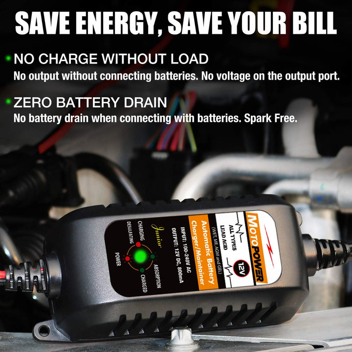 MOTOPOWER MP00205A 12V 800mA Automatisches Ladegerät für Autos, Motorräder, ATVs, Wohnmobile, Powers