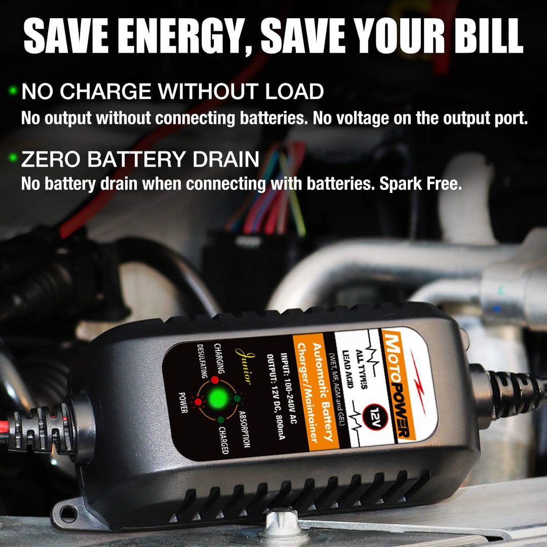 MOTOPOWER MP00205A 12V 800mA Fully Automatic Battery Charger/Maintainer for Cars, Motorcycles, ATVs,