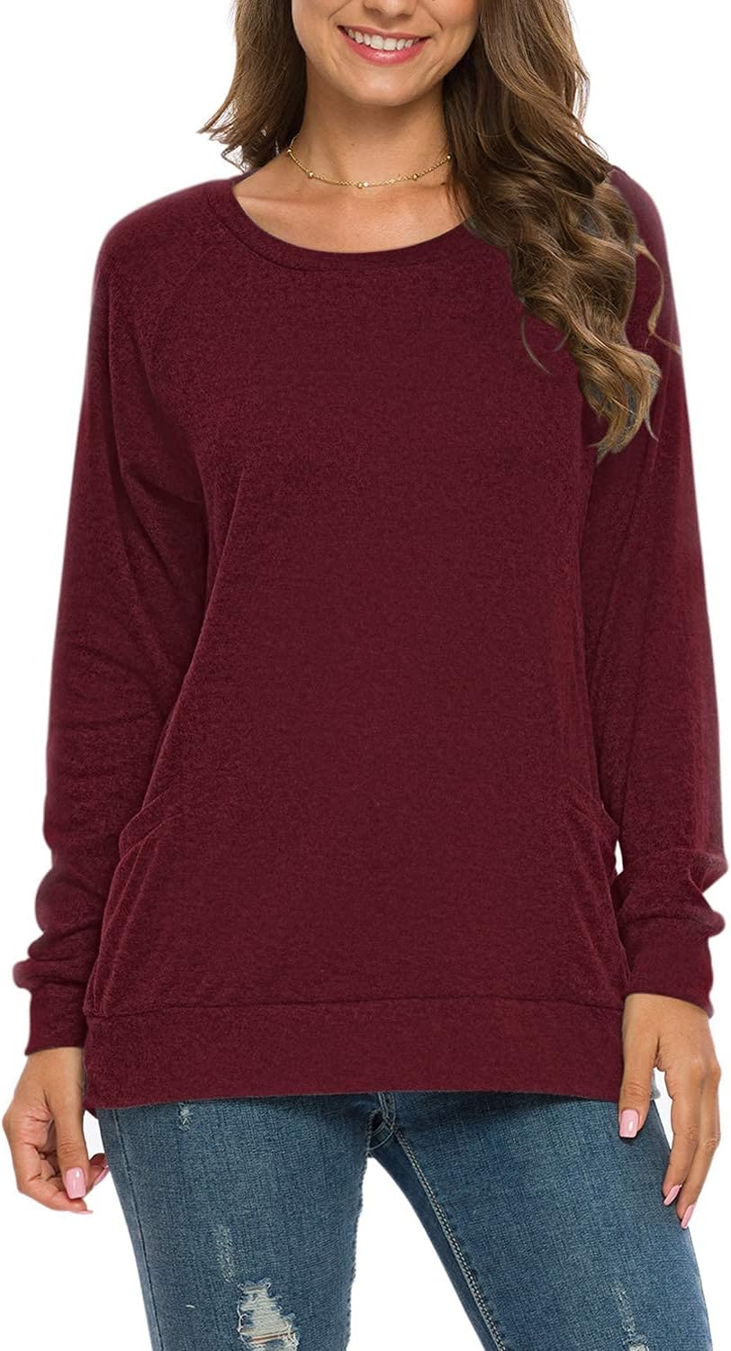 AUSELILY Damen Langarmshirts Rundhals T Shirts Blusen Tunika Sweatshirt Pullover Mit Taschen Burgund