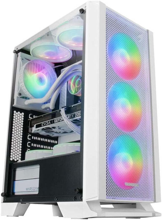 Mars Gaming MC-C Weiss, ATX PC Gehäuse, Metall-Mesh Frontplatte, Gehärtetes Glas, 3 Frontlüfter FRGB
