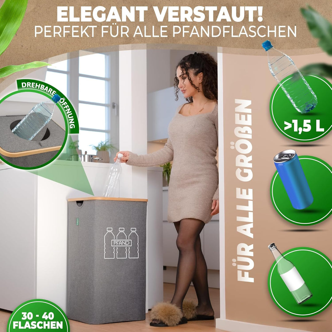 COTTARA® Pfandflaschen Sammelbehälter mit Deckel und Tragetasche | Pfandbehälter mit Loch drehbar |