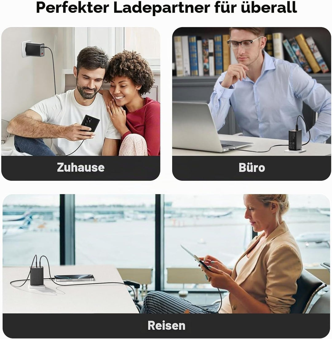 USB C Ladegerät 65W, 3-Port【2 USB C+1 USB A】USB-C Netzteil PPS Schnellladegerät PD+QC Charger kompat