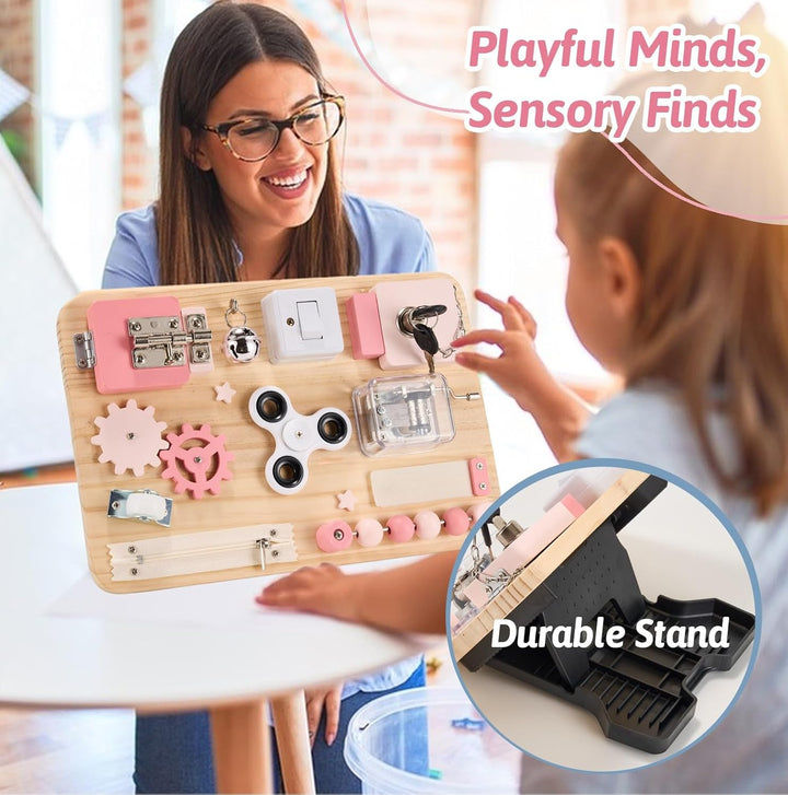 Holz Busy Board in Rosa – Montessori Spielzeug zur Förderung der Feinmotorik &amp; Sinne. Perfekt für Re