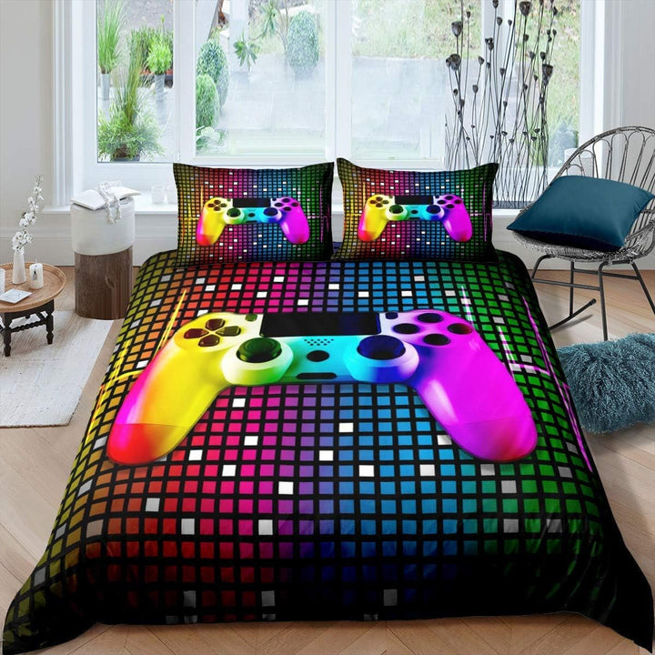 Tbrand Buntes Gamepad Bettwäsche Set 135x200cm Geometrisches Gitter Bettbezug Set Kinder Jungen Mädc