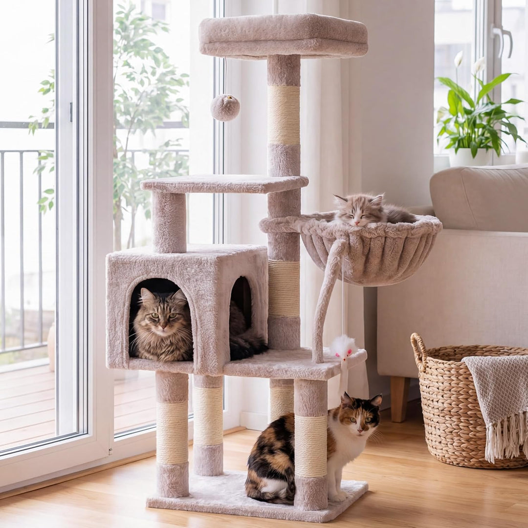Hey-brother Kratzbaum, 111 cm Katzenbaum mit Spielzeug, Katzenkratzbaum mit Plattform, Hängematte un