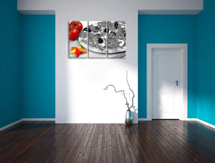 leckere Pizza mit Oliven und Hirtenkäse schwarz/weiss 3-Teiler Leinwandbild 120x80 Bild auf Leinwand