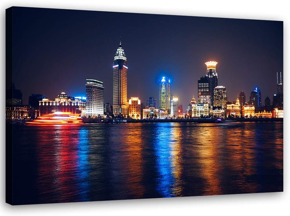 Feeby Bild auf Leinwand Stadt bei Nacht Kunstdruck modern mehrfarbig 80x60 cm Leinwandbild 80x60 cm