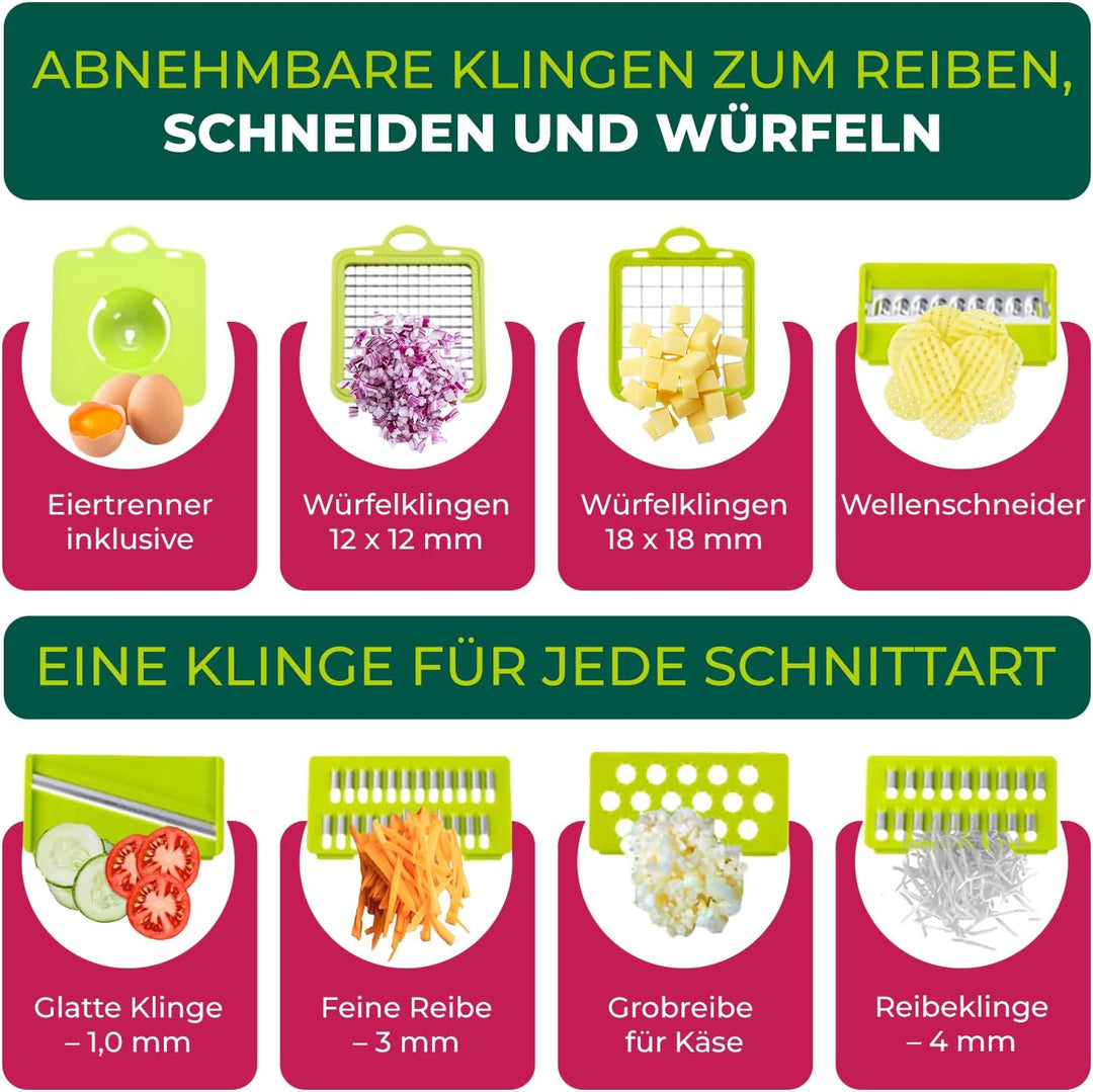Elyrona - Multifunktion Gemüseschneider & Mandoline – Gemüsehobel mit Auffangbehälter, Würfelschneid