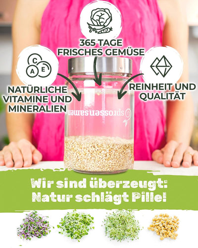 biosprosser Sprossenglas Set 3100ml mit Geschenkset - Bio Fitness-Mix & Power-Mix & Detox-Mix je 75g