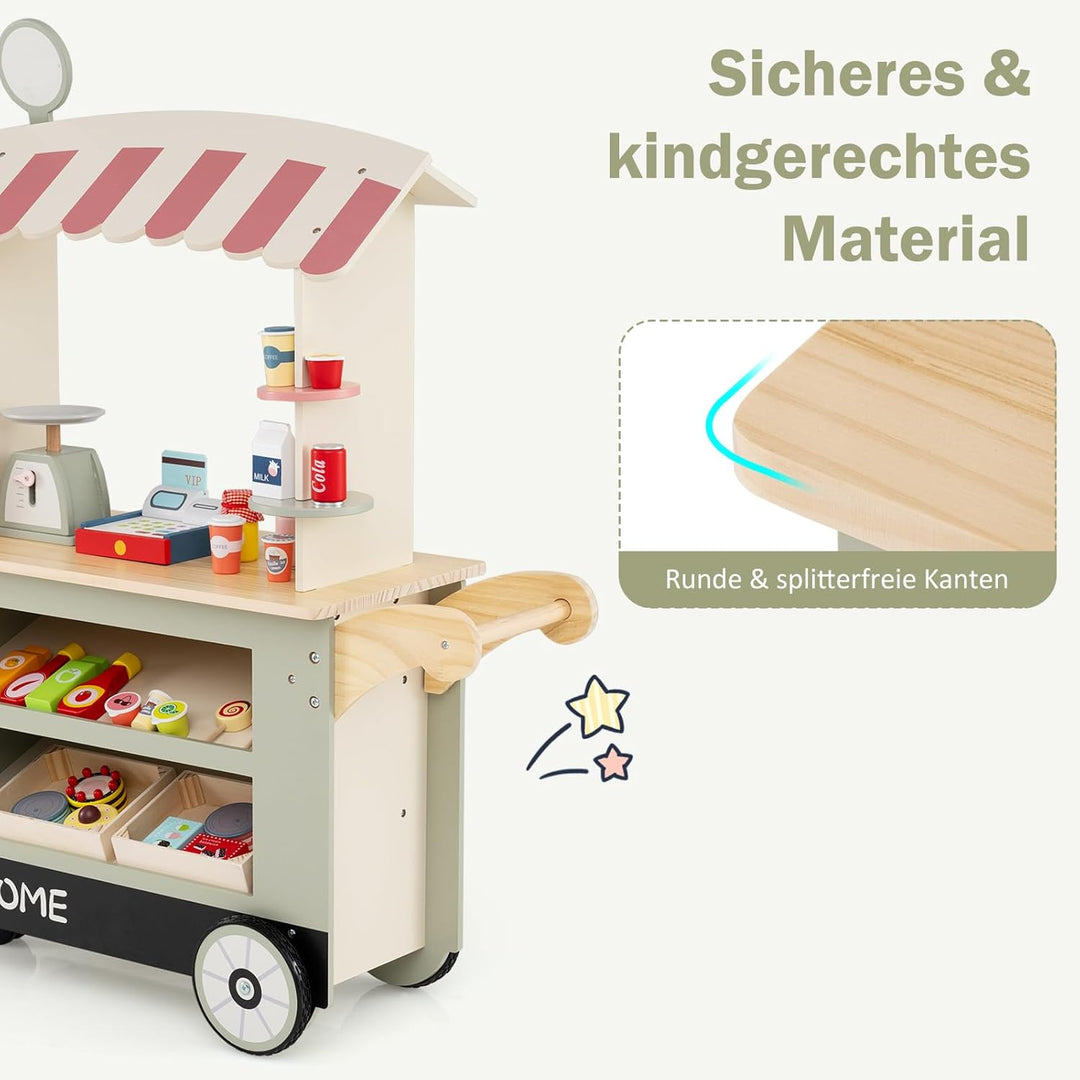 COSTWAY Kaufladen Kinder, Kaufmannsladen Holz mit 2 Ablagen, Schiebegriff & Zubehör, Einkaufsladen a
