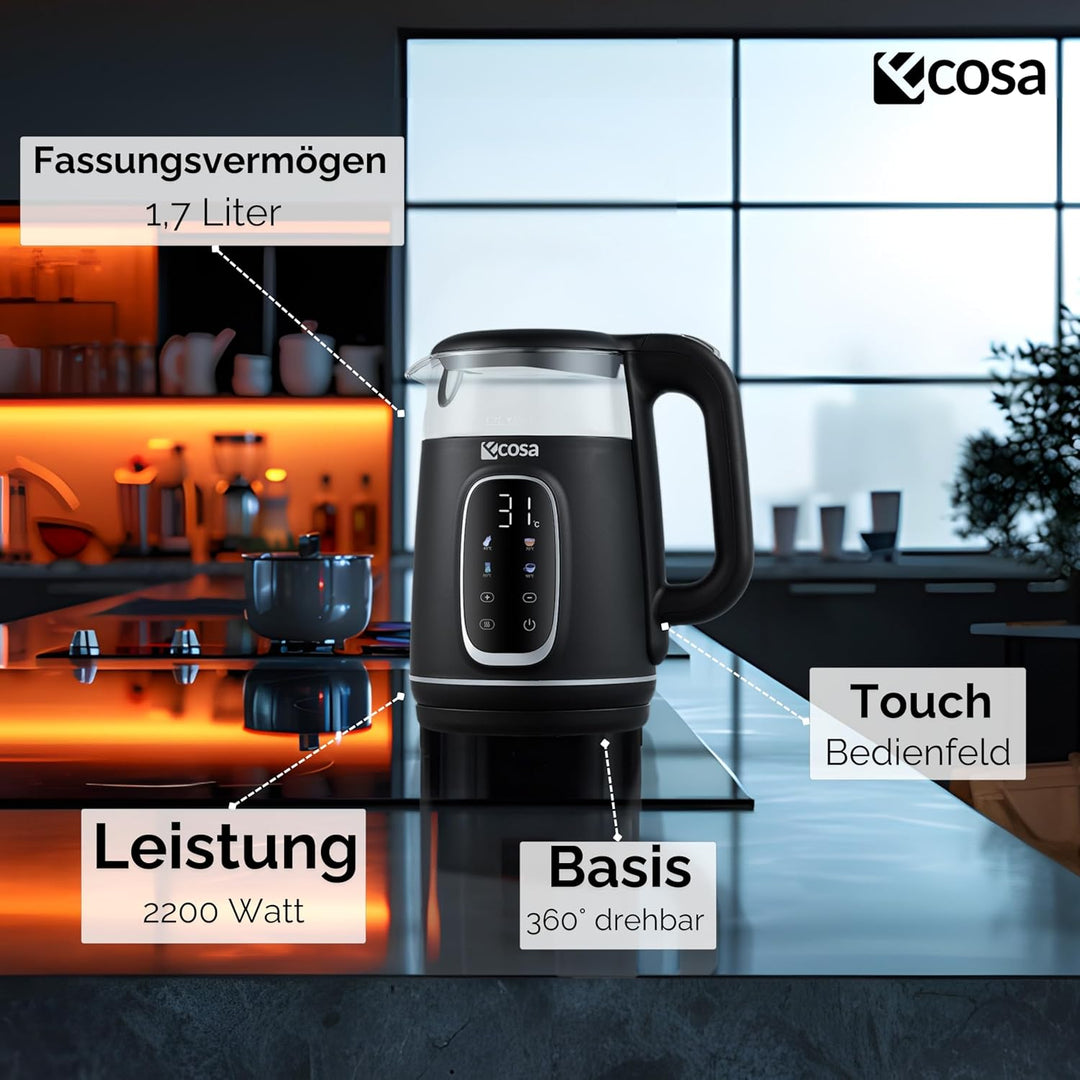 Ecosa® Wasserkocher mit Temperatureinstellung Glas Edelstahl - Teekocher - 1,7 Liter 2.200 Watt - BP
