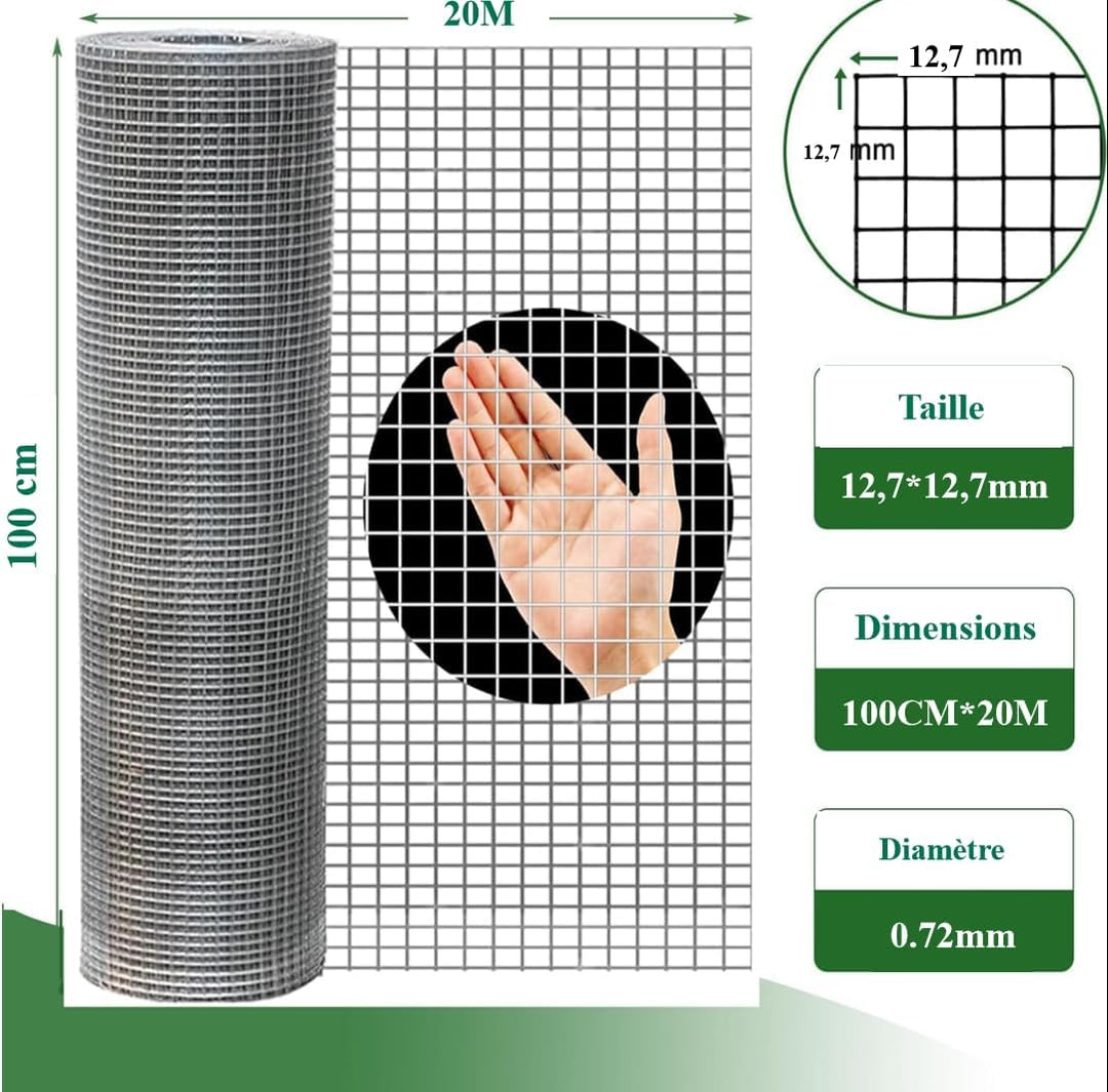 Amagabeli Drahtgitter Volierendraht 1m X 20m, Feuerverzinkt & Rostfrei (12x12mm) – Für Hochbeet, Vol