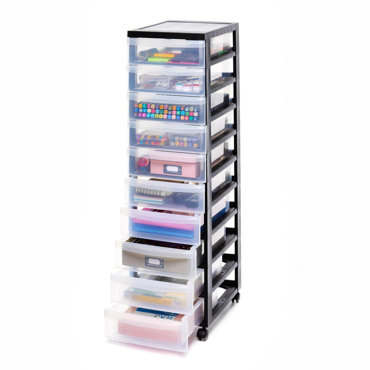 Iris Ohyama Kunststoff-Schubladenbox mit Rollen, 10 flachen Schubladen, Schwarz, Griffe zum Ziehen,
