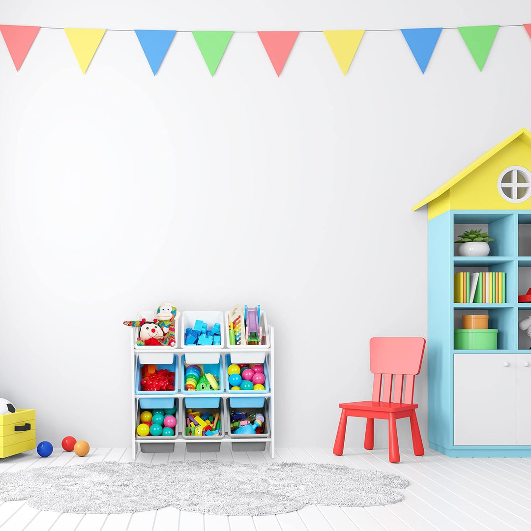 Relaxdays Kinderregal, 9 Aufbewahrungsboxen, Lagerfeuer Motiv, MDF, Kunststoff, Spielzeugregal HBT: