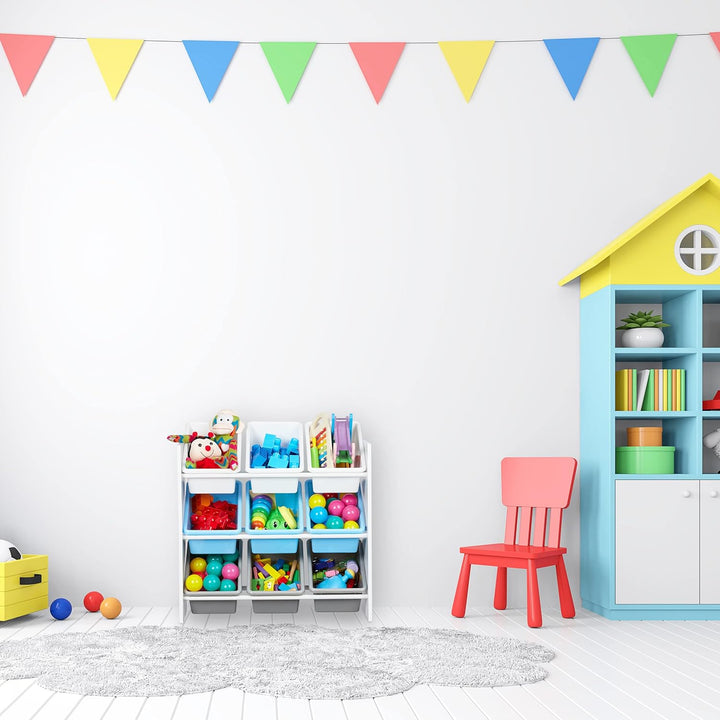 Relaxdays Kinderregal, 9 Aufbewahrungsboxen, Lagerfeuer Motiv, MDF, Kunststoff, Spielzeugregal HBT: