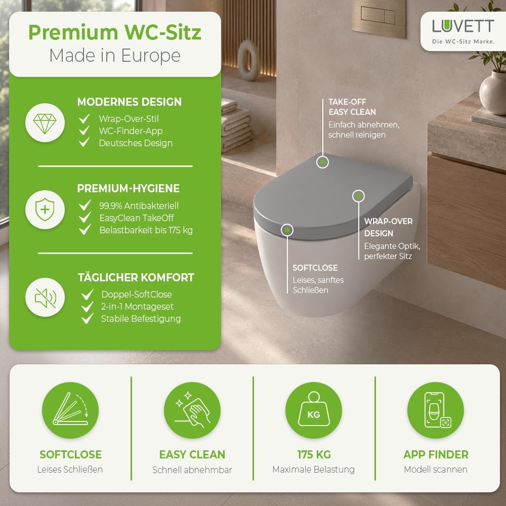 LUVETT® WC-Sitz mit Absenkautomatik D140 D-Form Soft Close® &amp; TakeOff EasyClean Abnahme, hygienisch